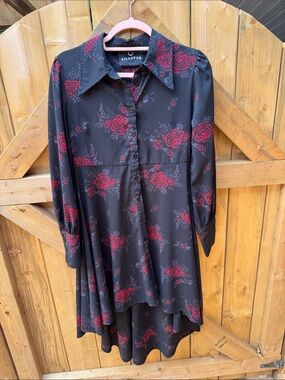 Killstar Black Button-Up Shirt Dress with Red Rose Motif